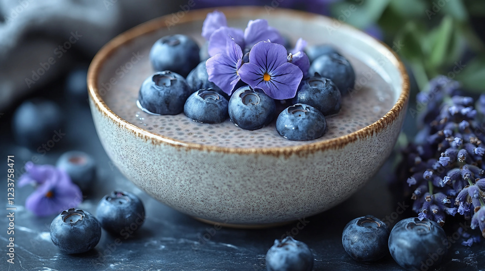 Dreamy Chia Pudding Bowl with Lavender and Fresh Berries Ai Image. Dreamy Chia Pudding Bowl with Lavender and Fresh Berries Ai Image.