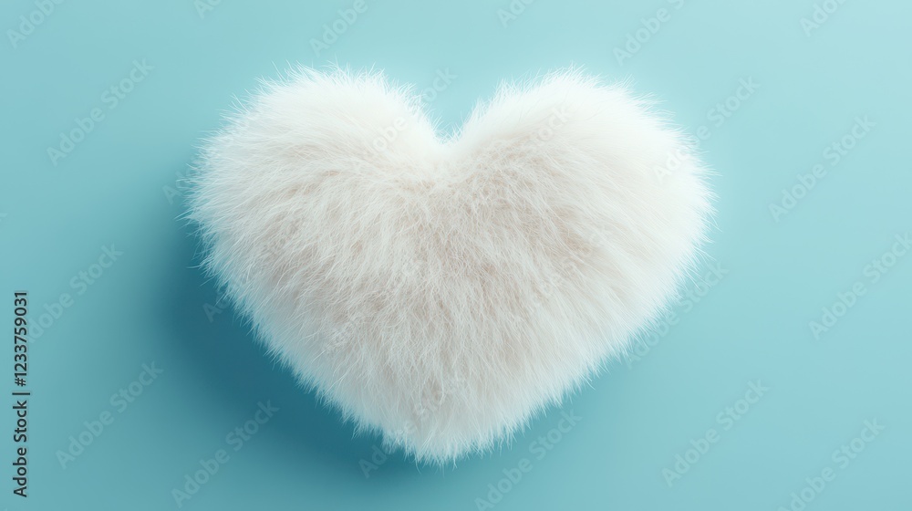 A fluffy white fur heart shape with a soft texture on a baby blue minimal background. A fluffy white fur heart shape with a soft texture on a baby blue minimal background.