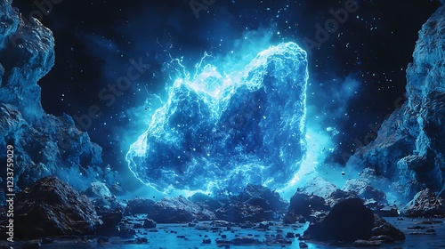 Glowing blue rock in a dark alien landscape. Potential use Stock photo for science fiction, fantasy, or digital art.