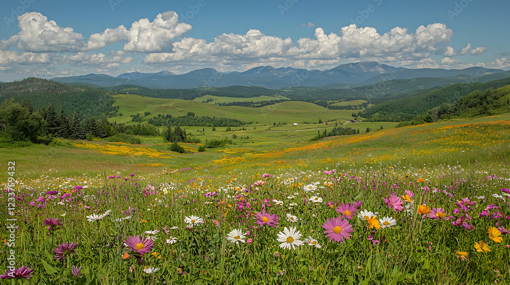Fototapeta premium Wildflower meadow, mountain vista, summer day, scenic landscape, travel poster