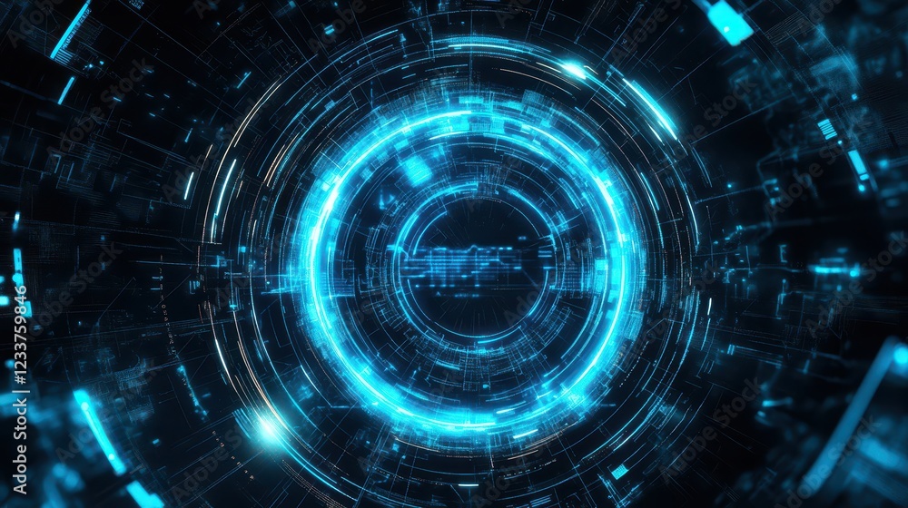 Obraz premium A futuristic digital technological interface featuring a glowing blue electric circle set against a black background.
