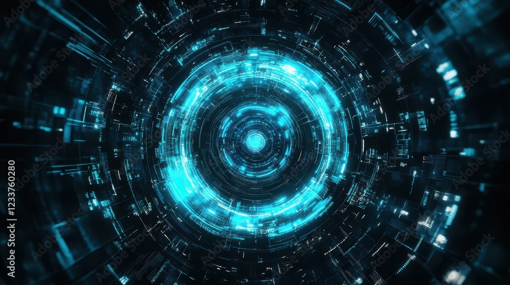Obraz premium A futuristic digital technological interface featuring a glowing blue electric circle set against a black background.