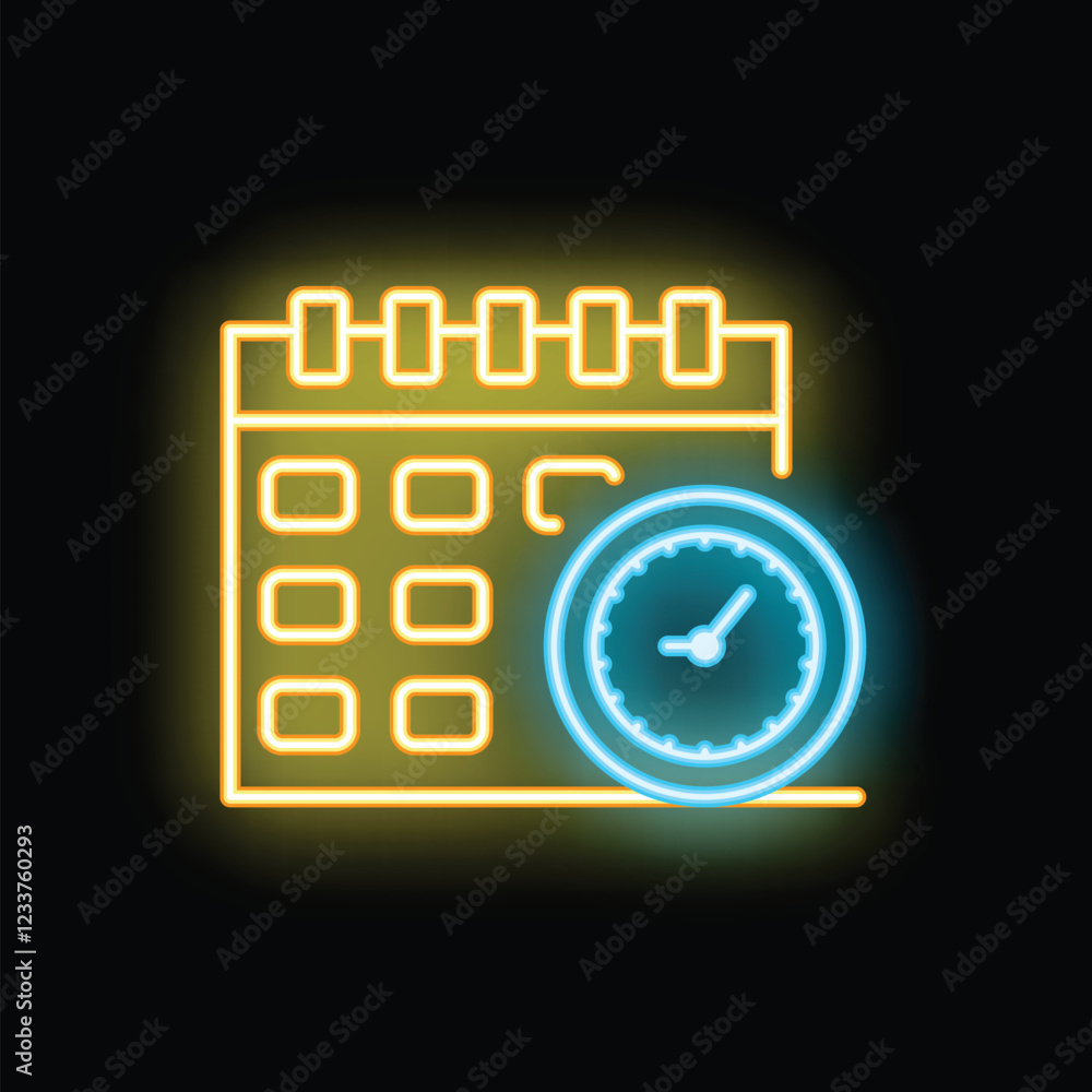 Glowing neon icon illustrating the concept of time management with a calendar and clock Glowing neon icon illustrating the concept of time management with a calendar and clock