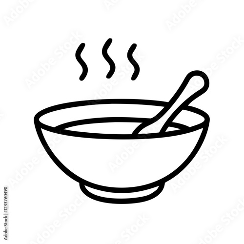 Hot soup in bowl with steam and spoon icon in minimalistic style for meal concept