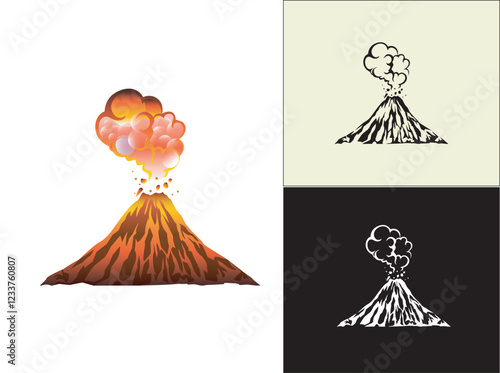 set of volcano eruption image, vector hand drawn