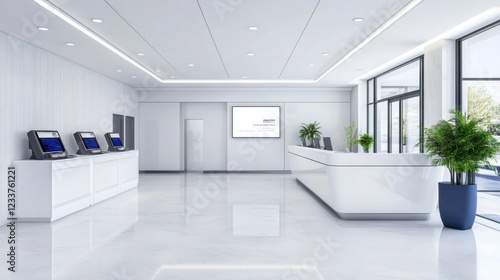 Modern Office Reception Area with Sleek Design and Bright Natural Light Streaming Through Large Windows