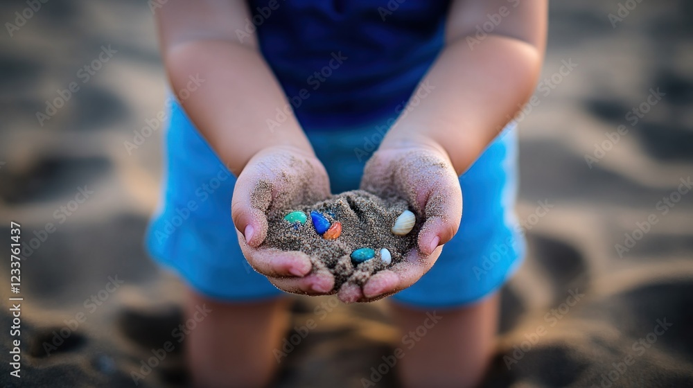 Toddler's hands holding sand and colorful pebbles on beach. Toddler's hands holding sand and colorful pebbles on beach.
