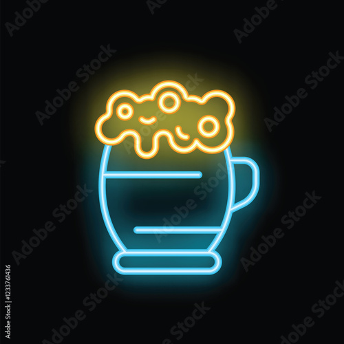 Bright blue and yellow neon sign of a beer pint with foam overflowing, on a black background