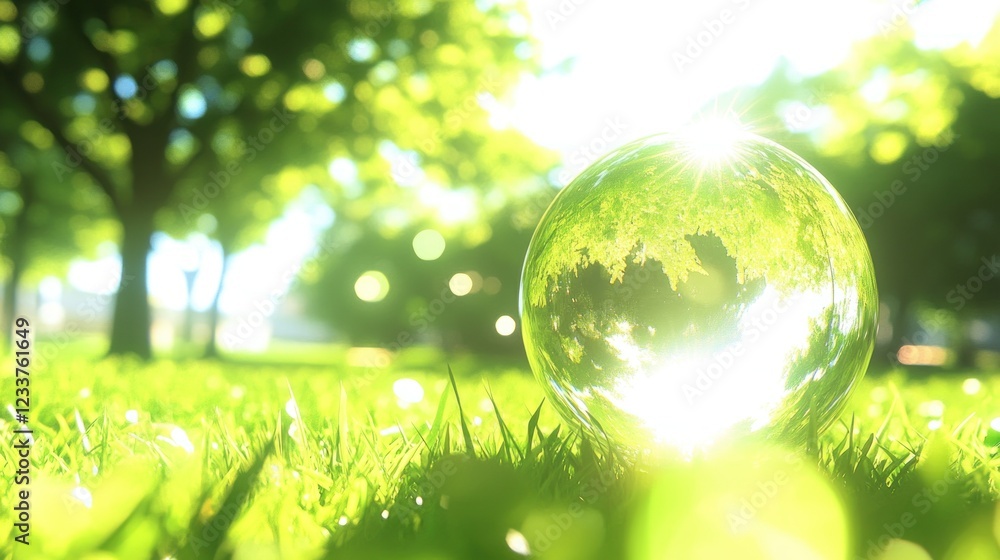 Crystal ball reflecting sunlight in a lush green park. Crystal ball reflecting sunlight in a lush green park.