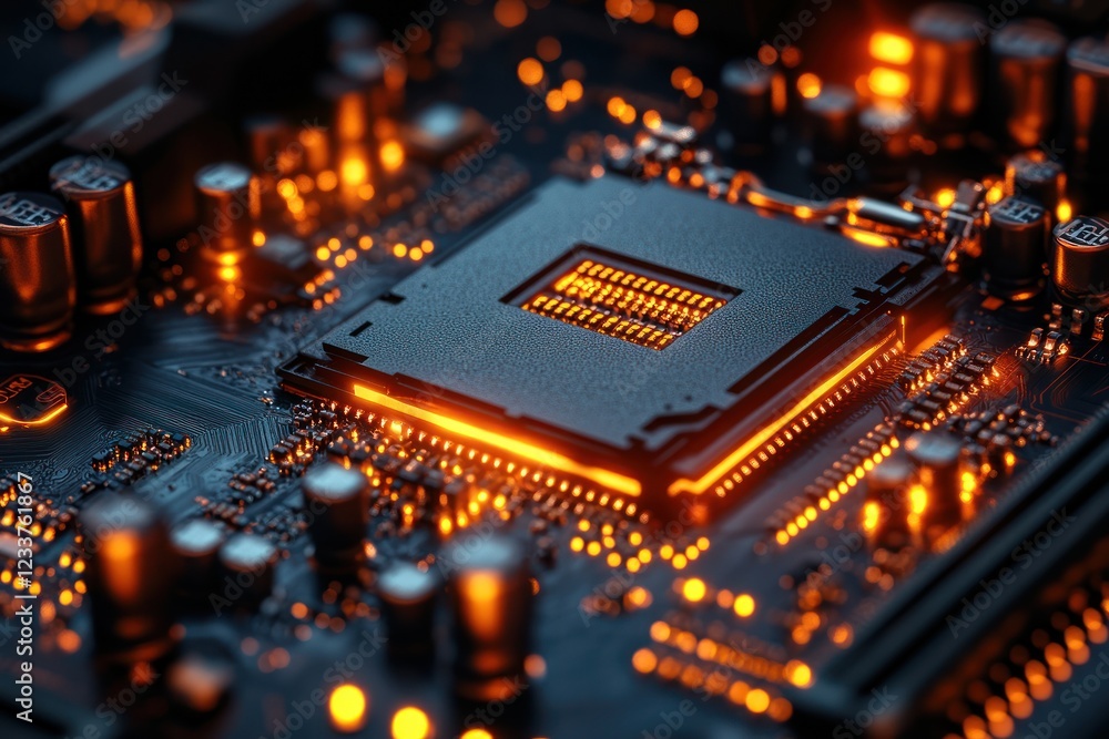 Close-up of a glowing microprocessor on a circuit board Close-up of a glowing microprocessor on a circuit board