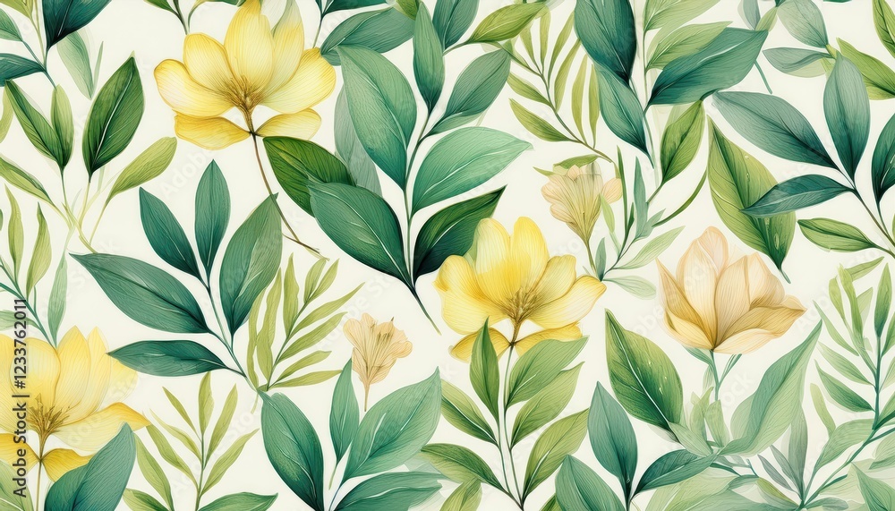 Vibrant Watercolor Masterpiece Seamless Leaf and Flower Pattern, Showcasing Rich Greens and Blossoming Blooms in a Whimsical Artistic Style