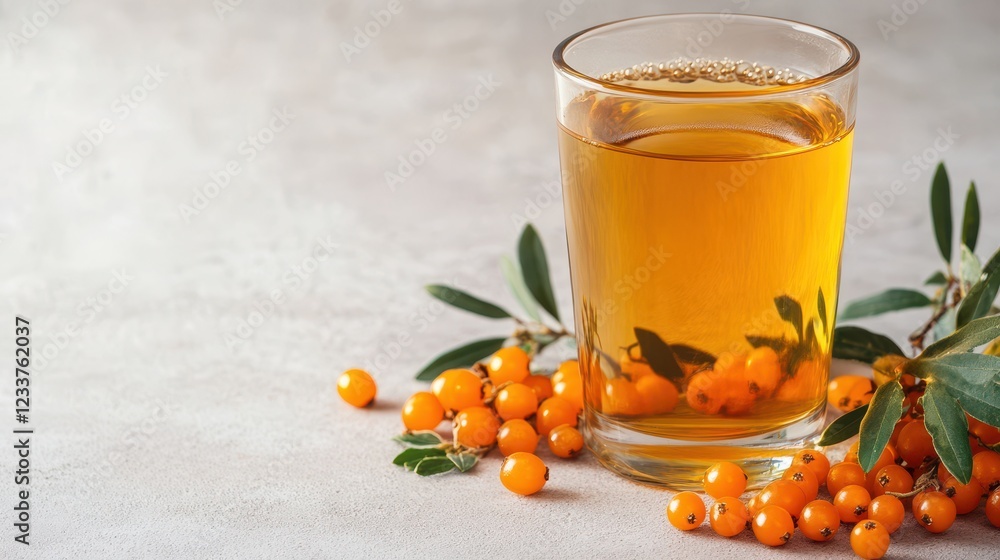 A glass of sea buckthorn tea is displayed with fresh berries and leaves, set against a light minimal background. A glass of sea buckthorn tea is displayed with fresh berries and leaves, set against a light minimal background.