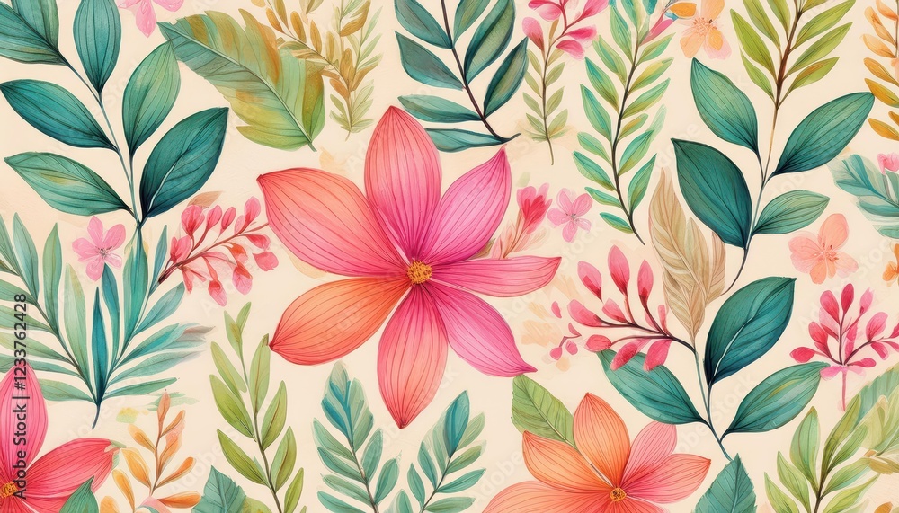 Delicate Watercolor Artistry A Whimsical Seamless Pattern Blending Vibrant Leaves and Blooming Flowers, Invoking a Sense of Serenity and Tranquility. Delicate Watercolor Artistry A Whimsical Seamless Pattern Blending Vibrant Leaves and Blooming Flowers, Invoking a Sense of Serenity and Tranquility.