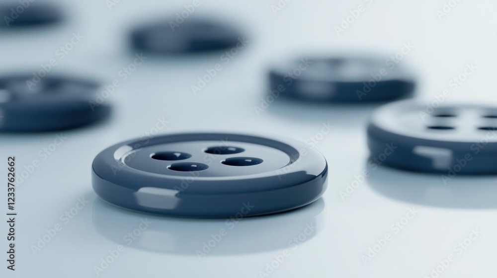 Close-up of dark-blue shiny sewing buttons on a reflective surface. Close-up of dark-blue shiny sewing buttons on a reflective surface.