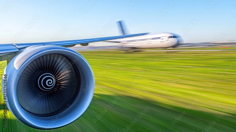 Airplane engine close-up, motion blur, takeoff. Airplane engine close-up, motion blur, takeoff.