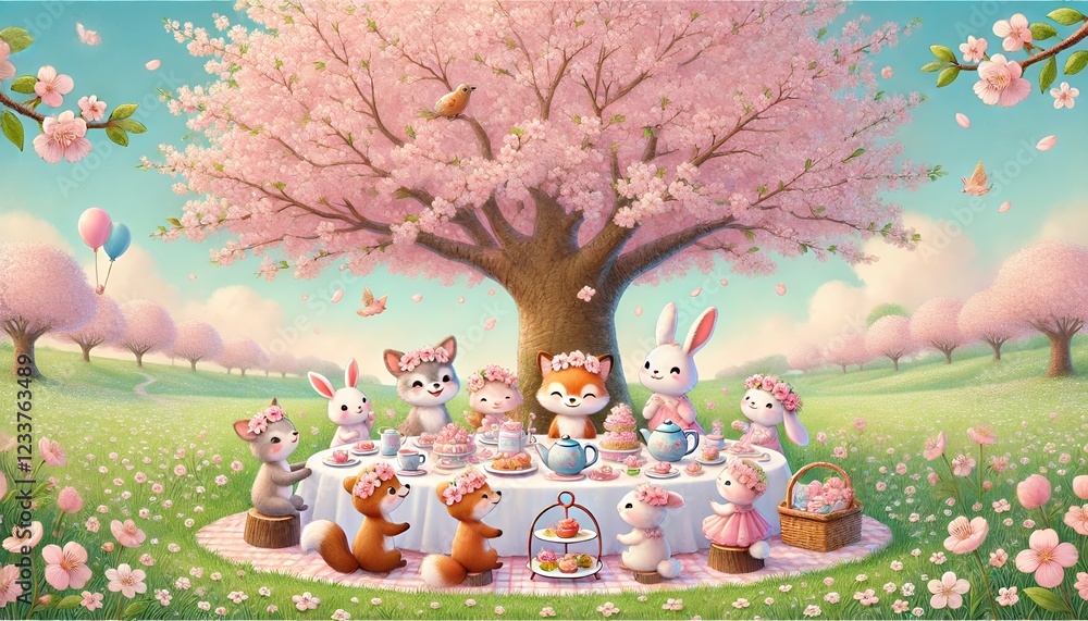 Obraz premium A Heartwarming Tea Party Under Blooming Cherry Blossoms with Adorable Woodland Animals in a Serene Meadow