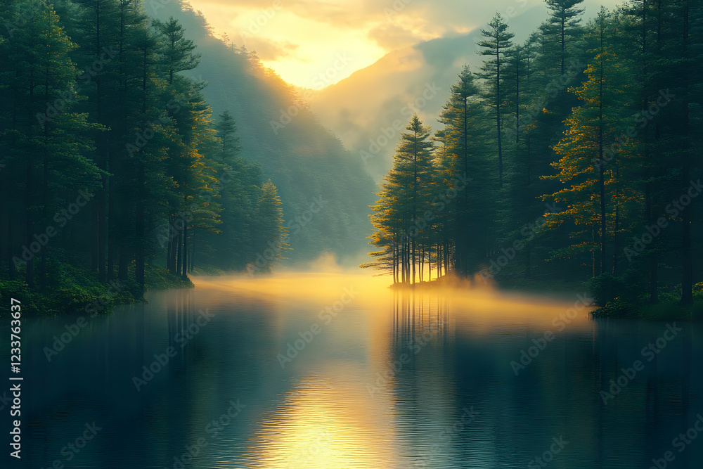 Misty Sunrise Over a Tranquil Lake in a Green Forest Misty Sunrise Over a Tranquil Lake in a Green Forest