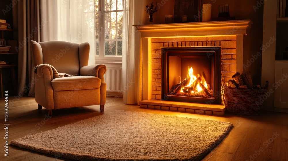 Cozy Living Room with Warm Fireplace and Soft Armchair Lighting Cozy Living Room with Warm Fireplace and Soft Armchair Lighting