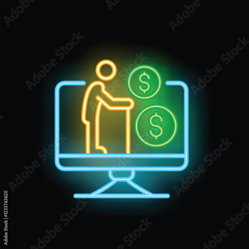 Neon icon of a senior citizen using a computer with dollar signs, representing online pension and retirement savings