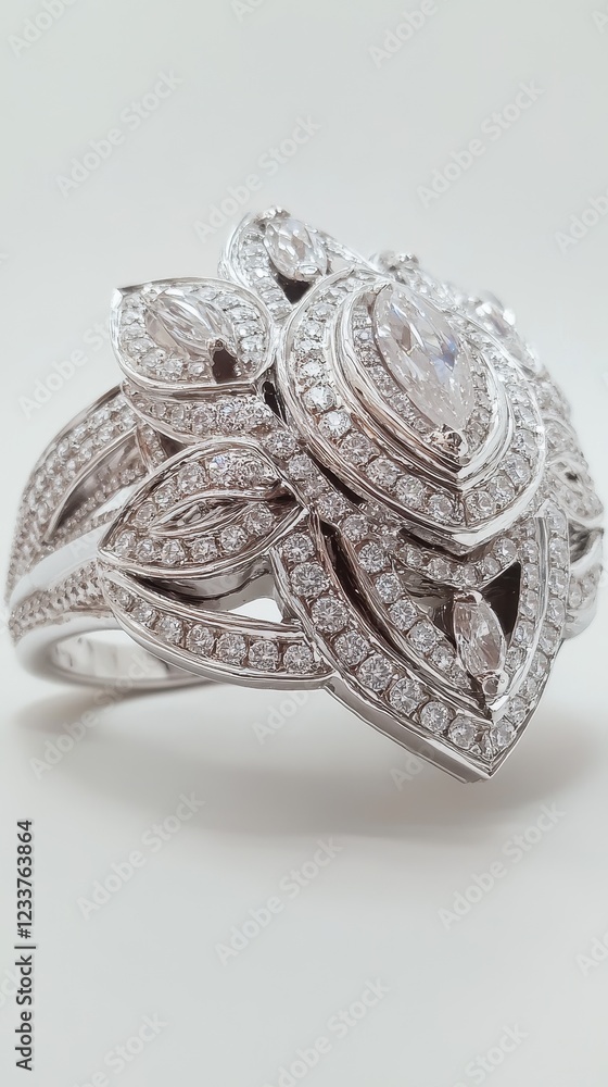 Elegant Silver Ring with Intricate Design and Sparkling Diamonds Elegant Silver Ring with Intricate Design and Sparkling Diamonds