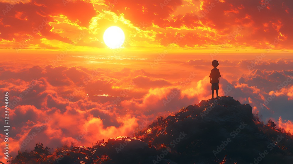 Child atop mountain, sunset cloudscape, peaceful scene, hope Child atop mountain, sunset cloudscape, peaceful scene, hope