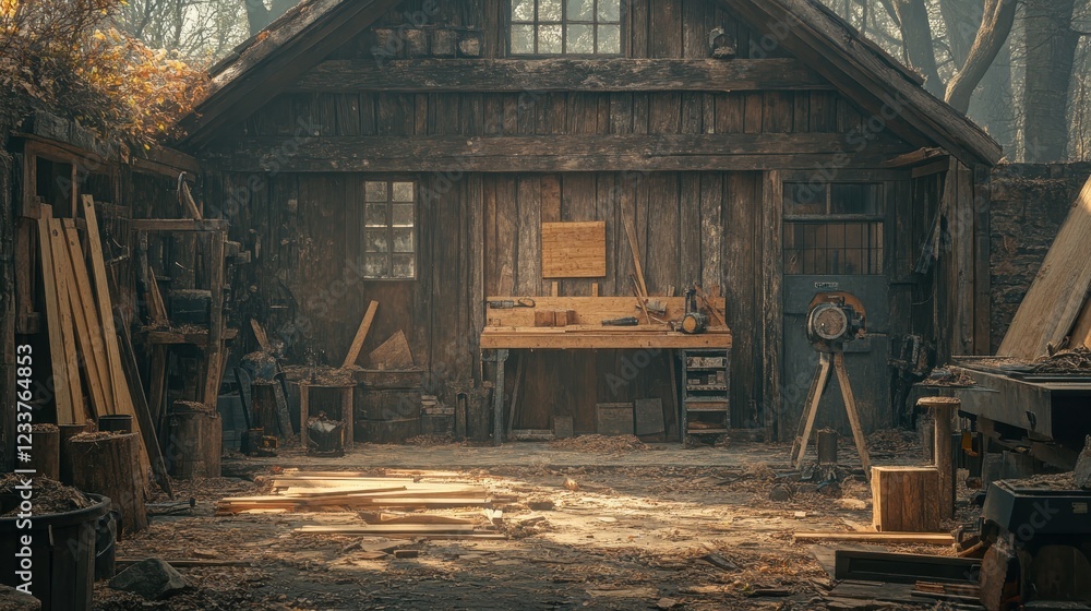 Rustic wooden workshop interior, tools and lumber scattered. Ideal for themes of craftsmanship, woodworking, and rural life. Rustic wooden workshop interior, tools and lumber scattered. Ideal for themes of craftsmanship, woodworking, and rural life.