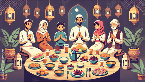 Iftar Feast Gathering, A family gathered around a table covered with traditional Ramadhan dishes like dates, soup, fruits, and bread. The scene captures the warmth and togetherness of the iftar meal 