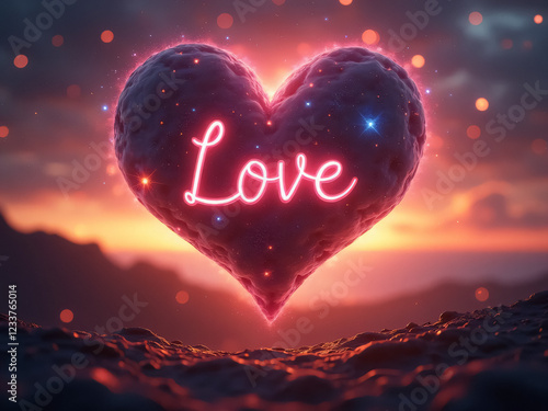 Cosmic Heart in Space with 'Love' Text – Ideal for Valentine’s Day Business Advertisements