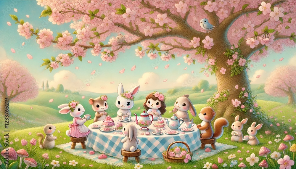 Fototapeta premium A charming pastel-colored illustration of adorable animals enjoying a tea party under a blooming cherry blossom tree in a serene meadow.