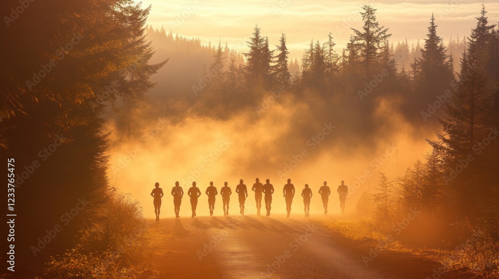 Obraz premium Silhouetted runners on a foggy forest road at sunrise.