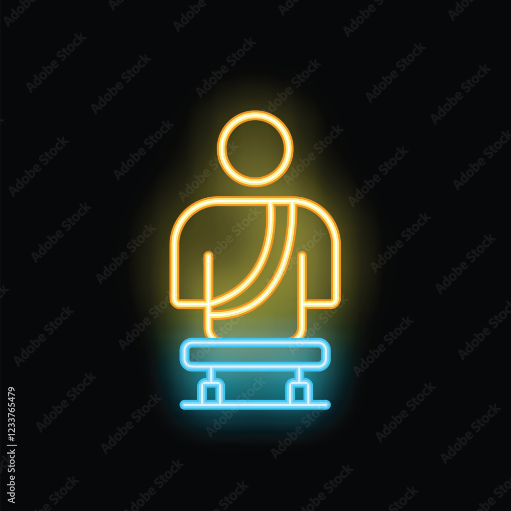 Neon sign of a man posing for a photo session in a studio, standing on a bench Neon sign of a man posing for a photo session in a studio, standing on a bench