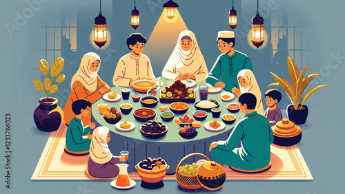 Iftar Feast Gathering, A family gathered around a table covered with traditional Ramadhan dishes like dates, soup, fruits, and bread. The scene captures the warmth and togetherness of the iftar meal 