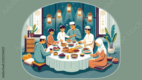 Iftar Feast Gathering, A family gathered around a table covered with traditional Ramadhan dishes like dates, soup, fruits, and bread. The scene captures the warmth and togetherness of the iftar meal 