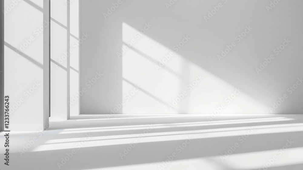 Fototapeta premium Minimalist White Background: A clean, minimalist white background with soft shadows, Minimalist Abstract Empty White Room for product presentation 