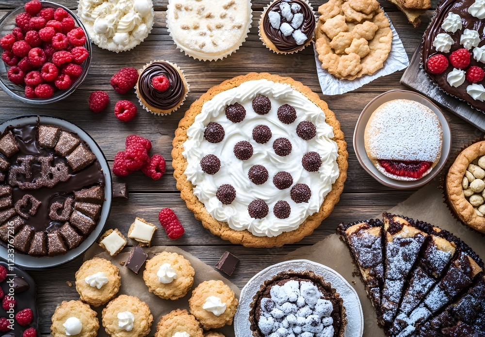 A top-down view of an assortment of delicious pastries and cakes on wooden tables, with a focus on the rich textures and colors. The composition includes a variety of desserts such as cookies, A top-down view of an assortment of delicious pastries and cakes on wooden tables, with a focus on the rich textures and colors. The composition includes a variety of desserts such as cookies,