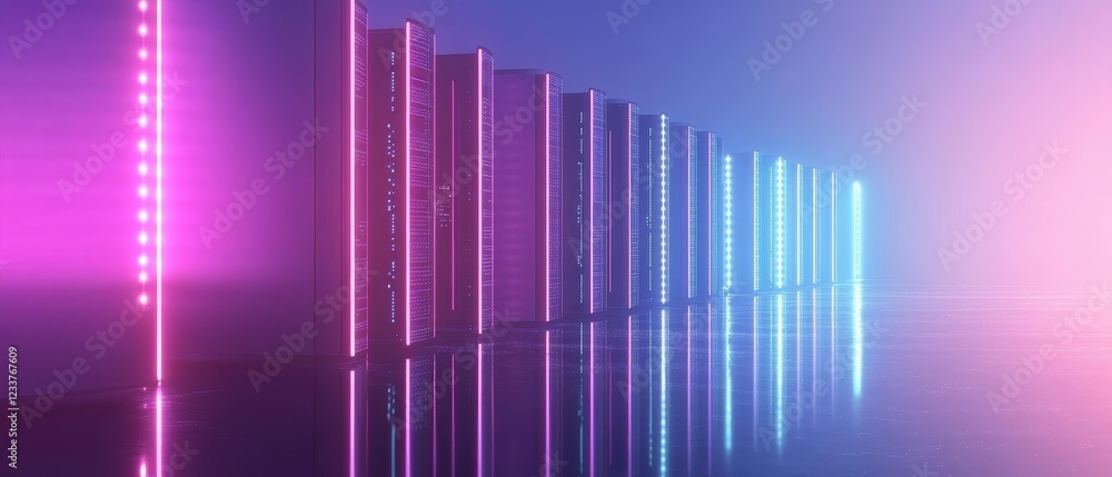 Fototapeta premium Futuristic Data Center with Colorful Neon Lights and Reflection