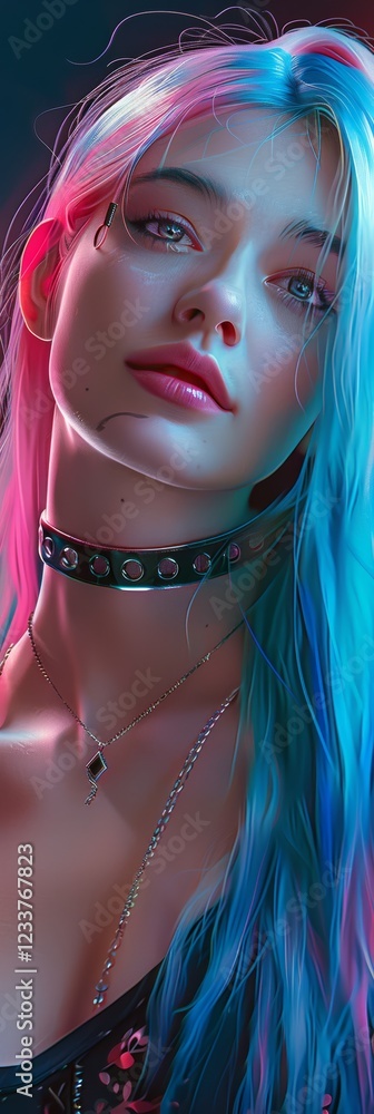 Fototapeta premium A striking portrait of a woman with long blue hair, illuminated by dramatic red and blue lighting. Her calm expression and detailed features evoke a futuristic and bold aesthetic.