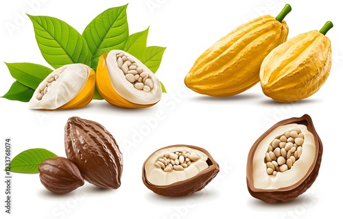 Cacao beans, similar to cocoa beans, can be seen in the picture on a white background. This is a hyperrealistic photo.  photo