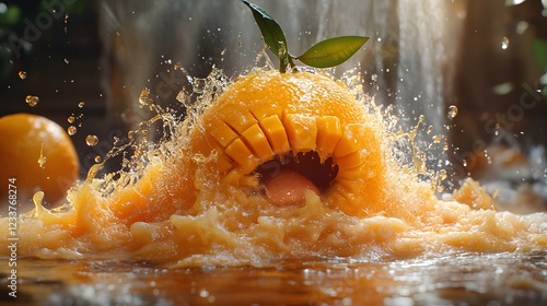 Photorealistic mango with a face being squeezed in a vise juice flows painfully from its eyes and mouth into a glass The scene is detailed capturing the agony of the orange