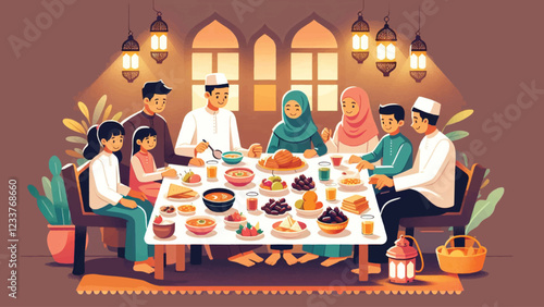 Iftar Feast Gathering, A family gathered around a table covered with traditional Ramadhan dishes like dates, soup, fruits, and bread. The scene captures the warmth and togetherness of the iftar meal 