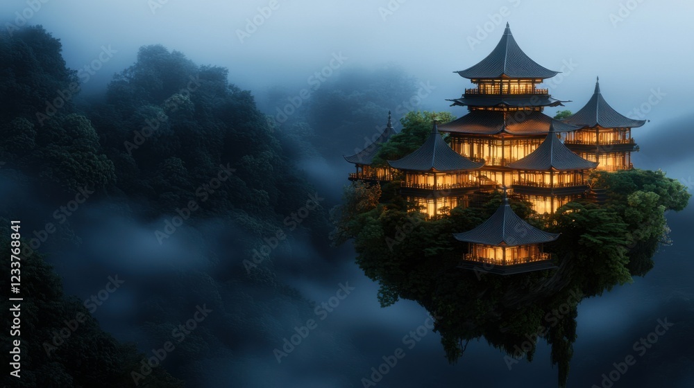 Fototapeta premium Enchanted Floating Palace Amidst Foggy Mountains at Sunrise
