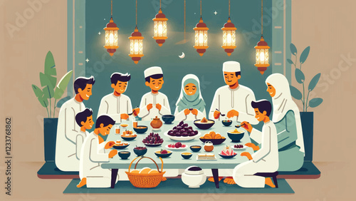 Iftar Feast Gathering, A family gathered around a table covered with traditional Ramadhan dishes like dates, soup, fruits, and bread. The scene captures the warmth and togetherness of the iftar meal 