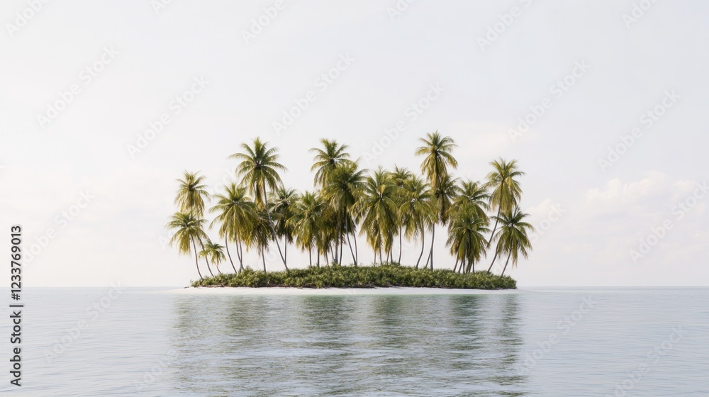 Fototapeta premium Idyllic tropical island with lush palm trees in calm ocean.