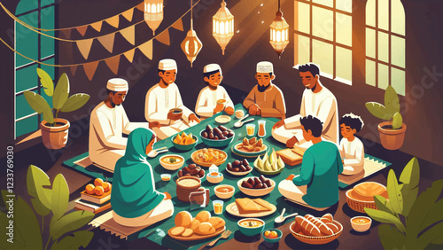 Iftar Feast Gathering, A family gathered around a table covered with traditional Ramadhan dishes like dates, soup, fruits, and bread. The scene captures the warmth and togetherness of the iftar meal 