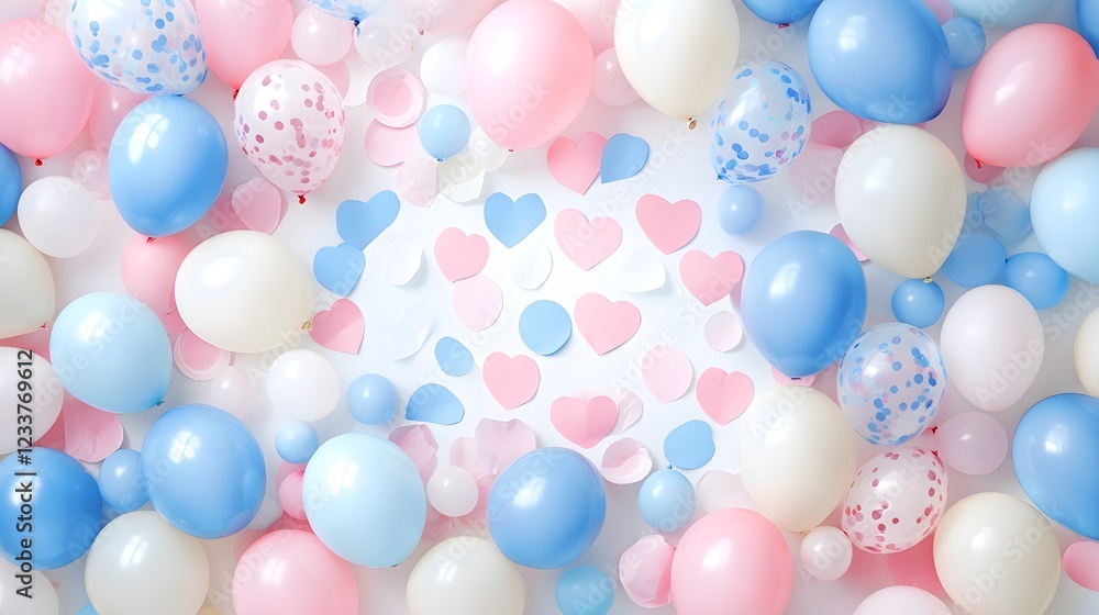 Photo of a background with pastel blue, pink, and white balloons for an adorable gender reveal party. Web banner with copy space on the right. Photo of a background with pastel blue, pink, and white balloons for an adorable gender reveal party. Web banner with copy space on the right.