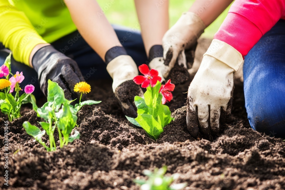 Fototapeta premium Gardening team planting colorful flowers in soil outdoors.