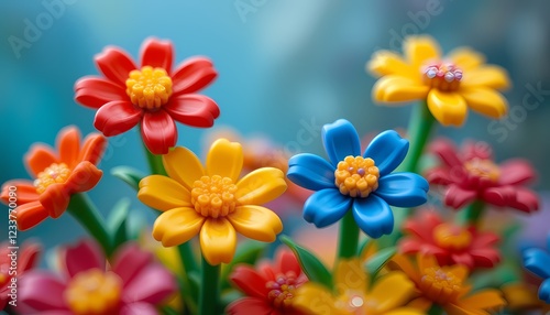 Close up of vibrant artificial flowers.