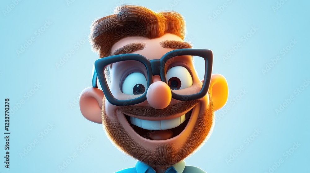 Fototapeta premium A happy, smiling cartoon character of an adult man, wearing a blue shirt and large glasses, is depicted in a 3D style on a light background.