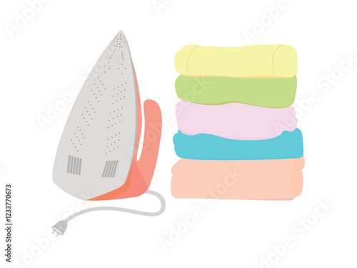 Iron for ironing and a stack of ironed clothes. Vector illustration on a white background.
