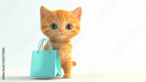 A happy, smiling ginger kitten cat in 3D design style stands with a paper shopping bag against a white background. photo